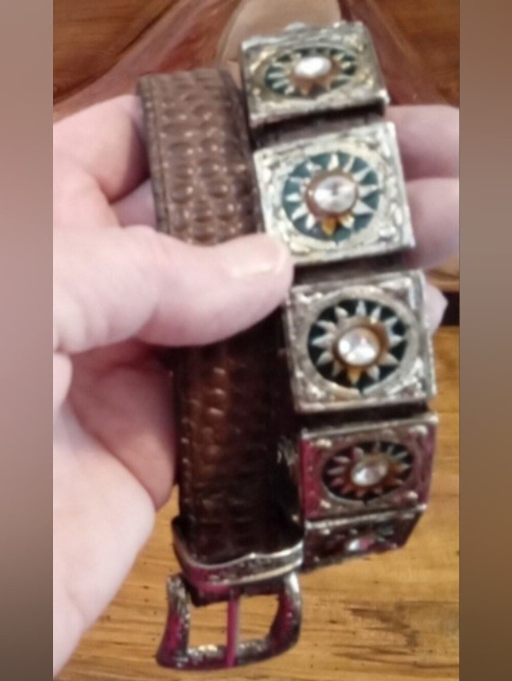 EXPRESS SZ S/M Brown Embossed Snakeskin FauxLeather Belt w/Gold Buckle & Conchos